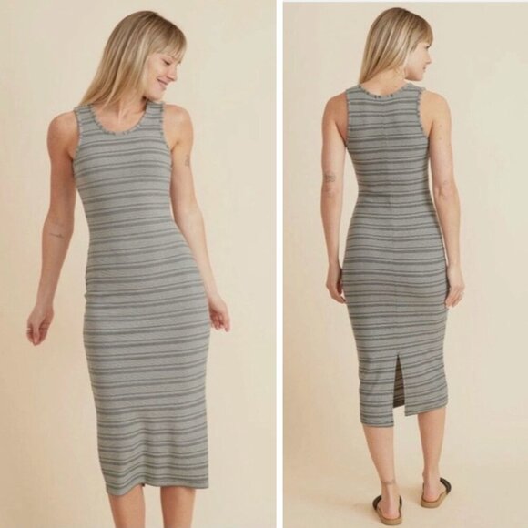 NEW Marine Layer Lexi Daytime Stripe Ribbed Midi Dress Neutral Minimalist - Picture 1 of 6